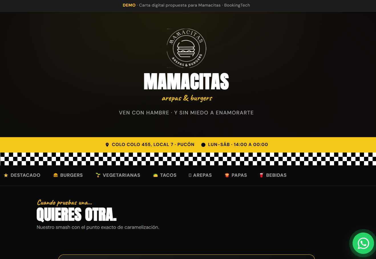 Carta digital de Mamacita's Arepas & Burgers en Pucón